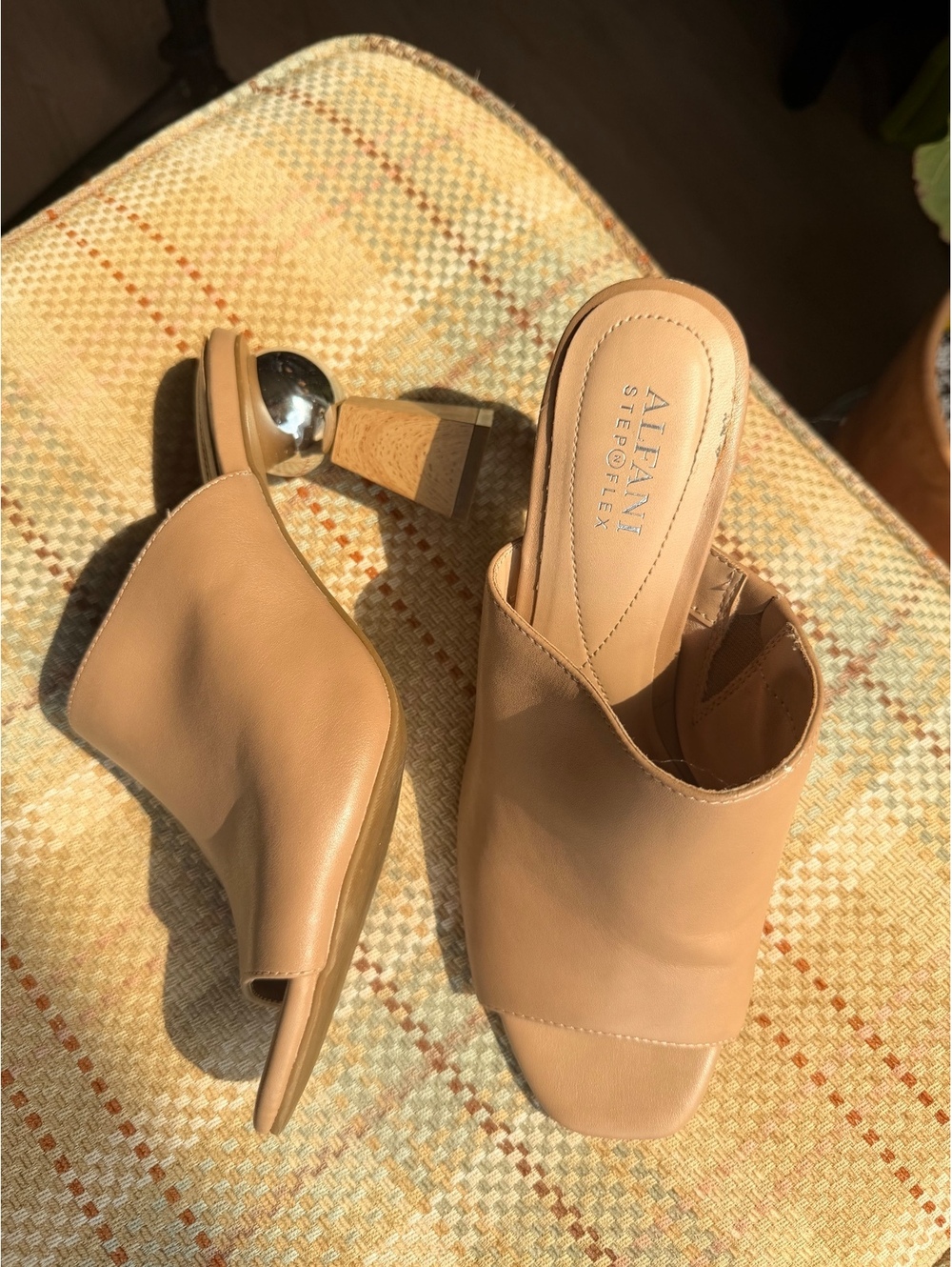 Alfani Stepflex Nude Leather Open Toe Mules with Unique Geometric Silver Heel